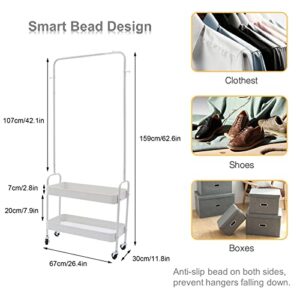 DYRABREST Simple Design 2-In 1 Garment Rack with Wheels Clothing Rack With 2 Tier Metal Basket Clothes Organizer Rack Laundry Cart with Hanging Rack for Home Bedroom (White)