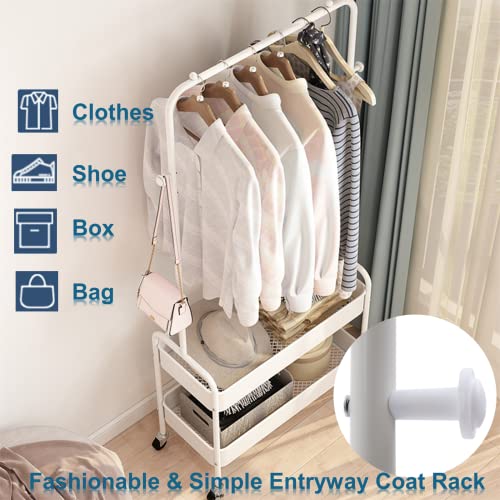 DYRABREST Simple Design 2-In 1 Garment Rack with Wheels Clothing Rack With 2 Tier Metal Basket Clothes Organizer Rack Laundry Cart with Hanging Rack for Home Bedroom (White)