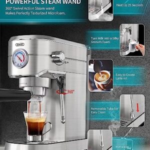 Gevi 20 Bar Compact Professional Espresso Coffee Machine with Milk Frother/Steam Wand for Espresso, Latte and Cappuccino, Stainless Steel, 35 Oz Removable Water Tank