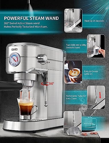 Gevi 20 Bar Compact Professional Espresso Coffee Machine with Milk Frother/Steam Wand for Espresso, Latte and Cappuccino, Stainless Steel, 35 Oz Removable Water Tank