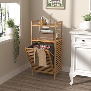 bamboo tilt-out laundry hamper cabinet, bathroom storage cabinet with basket, shelves and handles for clothes, bedroom, bathroom and closet