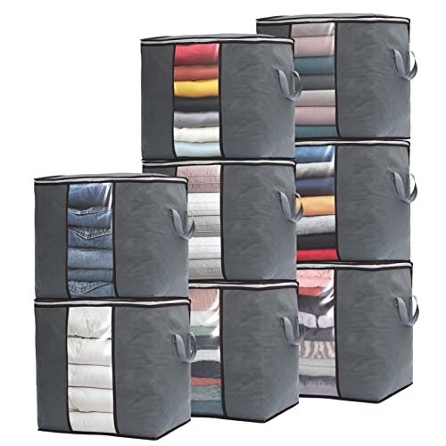 90L Large Capacity 8 Pack Clothes Storage Bag, Storage Bins for Clothes, Closet Organizers and Storage Containers for Blanket Bedding Comforter, Thick Fabric with Reinforced Handles, Zipper, Clear Window