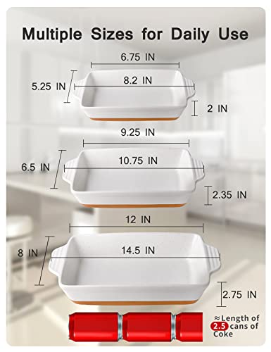 YMASINS Casserole Dishes for Oven, Ceramic Baking Dish Set of 3 Deep Lasagna Pans Large Ceramic Baking Pan with Handles from Oven to Table Rectangular Casserole Dish Set Easy to Clean, White