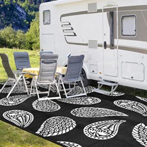 deeliva outdoor camping rv rug mat, 9'x12' waterproof large camper rug reversible plastic straw rug outdoor rugs for camping, rv, patio clearance, deck, picnic, beach (black & white, paisley)