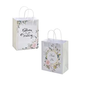 24 pieces welcome bags white wedding gift bags,floral design thank you gift bags,“welcome to our wedding”,wedding favor bags, bridal party gift bags, 6"l x 3.2" w x 8.5"h (wedding-small size)