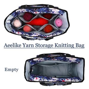 Aeelike Knitting Tote Bag Yarn Storage Bag with Holes, Portable Knitting & Crochet Bag for Storing Yarn and Crochet Knitting Supplies, Travel Knitting Bag with Removable Shoulder Strap (Blue Flower)