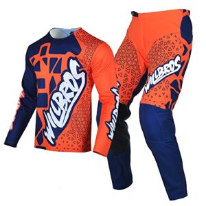 willbros motocross jersey pants combo mens women adult mx gear set protective offroad dirt bike set riding racewear blue orange (jersey xxxl pants 40)