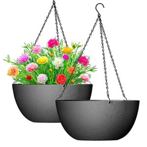 wousiwer 13 inch 2pack large hanging planters for outdoor indoor plants with drainage holes and chain, round hanging flower pots for garden home porch decor, black