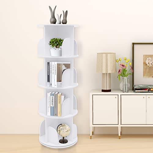 ZHFEISY Rotating Bookshelf 4 Tier Nordic Style White Bookcase 220 lbs Bearing Capacity Corner Bookshelf for Living Room Bedroom Study Office