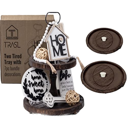 Trasl 2 Tier Serving Tray Farmhouse with 7pc Decoration Set. Kitchen Decor Rustic Serving Stand Wood Serving Tray. Coffee Table Tea Tray Tables & Cupcake Stand Decorative Tray Wooden Tray Room Decor