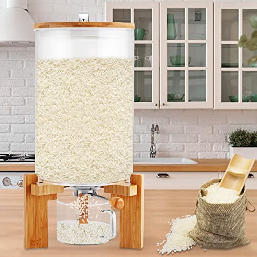 JIAWANSHUN Rice Dispenser Rice Container 7.5L Grain Storage with Clear Container Wood Stand for Home Kitchen Use Black Rice, Mung Beans, Red Beans, Lentils Container