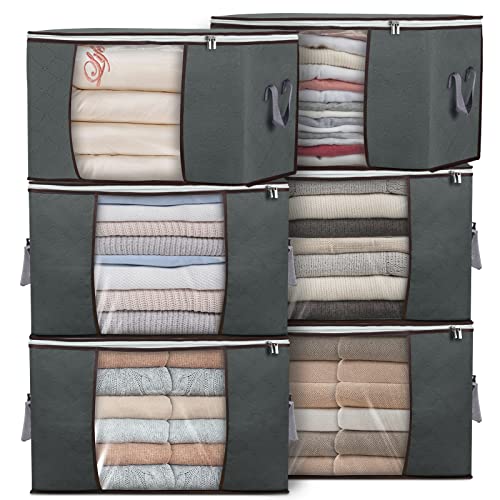 90L Large Storage Bins, 6Pack Clothes Storage Bags Storage Containers for Organizing Bedroom, Closet, Clothing, Comforter, Foldable Closet Organizers Storage Containers with Sturdy Zippers and Handles