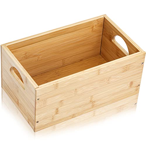 DEAYOU Bamboo Storage Bin, Bamboo Storage Box Crate Organizer Cube Container, Natural Deep Cubby Basket Holder with Handle for Bathroom, Books, Toys, Snack, Decor, Home, Kitchen, Office, Modular Open