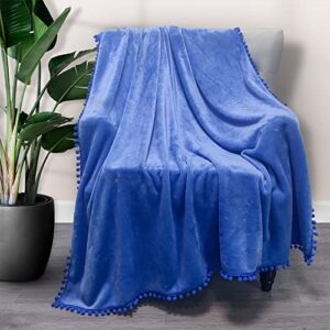 kameng flannel blanket with pompom fringe super soft throw plush warm cozy bed blanket for couch sofa chair suitable for all season (blue, 50"x80")