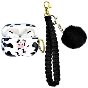 cute airpod pro case with lanyard keychain, oratyfan air pod pro hard protective charging case cover with pom pom ball and fadeless patterns for women girls gift(cow)