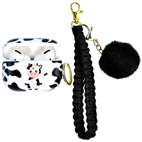 Cute Airpod Pro Case with Lanyard Keychain, ORATYFAN Air Pod Pro Hard Protective Charging Case Cover with Pom Pom Ball and Fadeless Patterns for Women Girls Gift(Cow)