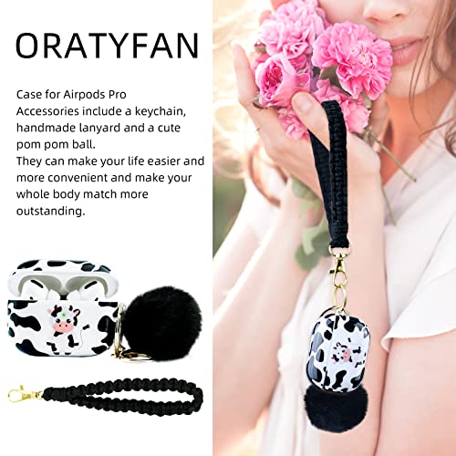 Cute Airpod Pro Case with Lanyard Keychain, ORATYFAN Air Pod Pro Hard Protective Charging Case Cover with Pom Pom Ball and Fadeless Patterns for Women Girls Gift(Cow)