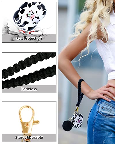 Cute Airpod Pro Case with Lanyard Keychain, ORATYFAN Air Pod Pro Hard Protective Charging Case Cover with Pom Pom Ball and Fadeless Patterns for Women Girls Gift(Cow)