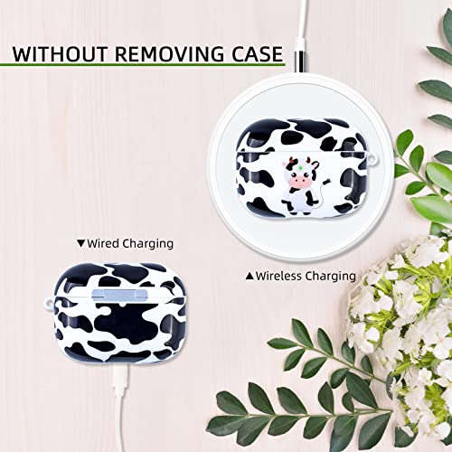 Cute Airpod Pro Case with Lanyard Keychain, ORATYFAN Air Pod Pro Hard Protective Charging Case Cover with Pom Pom Ball and Fadeless Patterns for Women Girls Gift(Cow)