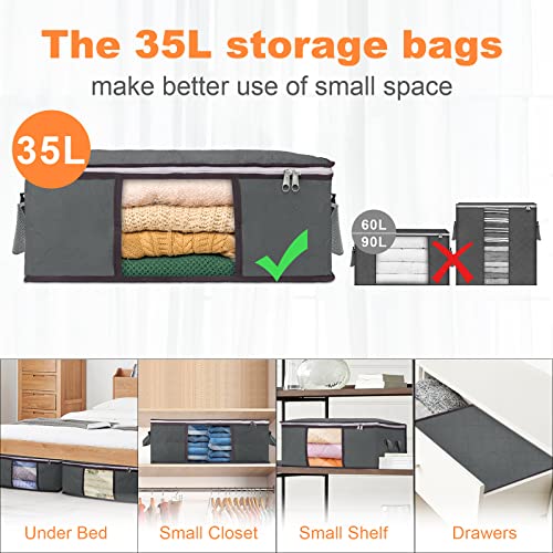 35L Practical Size Clothes Storage Bags with Clear Window, Double Zippers, Storage Bins for Under Bed, Closet Organizers and Storage Containers for Blankets Clothing Baby Clothes, 6 Pack, Grey