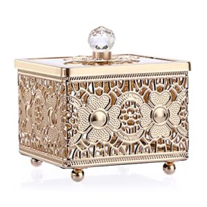 hipiwe hollow-carved metal jewelry box with glass lid, gold mirrored trinket organizer square treasure box for ring earrings necklace, christmas birthday gift for women girls