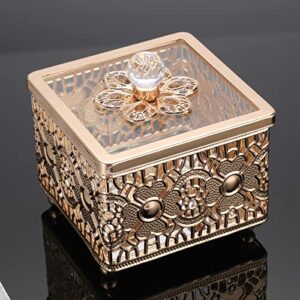 Hipiwe Hollow-carved Metal Jewelry Box with Glass Lid, Gold Mirrored Trinket Organizer Square Treasure Box for Ring Earrings Necklace, Christmas Birthday Gift for Women Girls