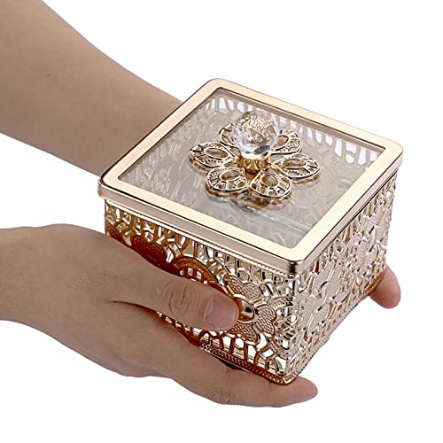 Hipiwe Hollow-carved Metal Jewelry Box with Glass Lid, Gold Mirrored Trinket Organizer Square Treasure Box for Ring Earrings Necklace, Christmas Birthday Gift for Women Girls