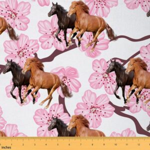 horse upholstery fabric by the yard, cherry blossom galloping horses outdoor fabric by the yard, girls sakura horse lover decorative fabric for upholstery and home diy projects, 1 yard, pink brown