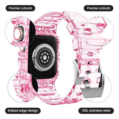 ABELTA Compatible for Apple Watch Band 38mm 40mm 41mm with Bumper Case Cover for Women Men, Clear Crystal Durable Sport Transparent Protective Band for Apple Watch Series 8 7 6 5 4 3 2 1 SE (41mm/40mm/38mm, Glistening Pink)