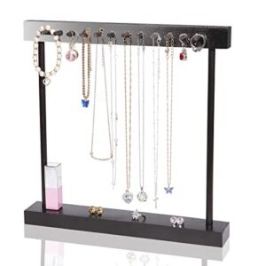mugfilwj hanging jewelry organizer with 24 hooks and pedestal tray high wooden jewelry display stand for necklaces earrings bracelets rings bangles watches storage holder for women girls black