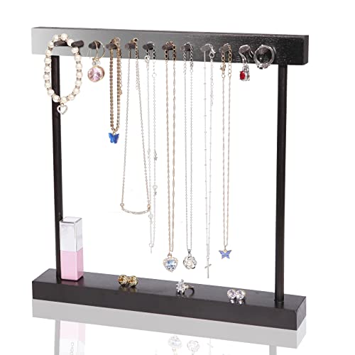 MUGFILWJ hanging Jewelry Organizer with 24 Hooks and Pedestal Tray High Wooden Jewelry Display Stand for Necklaces Earrings Bracelets Rings Bangles Watches Storage Holder for Women Girls Black