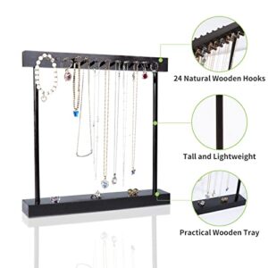 MUGFILWJ hanging Jewelry Organizer with 24 Hooks and Pedestal Tray High Wooden Jewelry Display Stand for Necklaces Earrings Bracelets Rings Bangles Watches Storage Holder for Women Girls Black