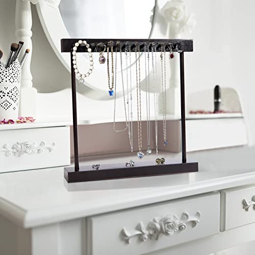 MUGFILWJ hanging Jewelry Organizer with 24 Hooks and Pedestal Tray High Wooden Jewelry Display Stand for Necklaces Earrings Bracelets Rings Bangles Watches Storage Holder for Women Girls Black