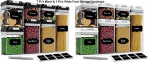 cineyo black & white airtight food storage containers - 7 piece white set & 7 pieces black set for cereal, flour with easy lock lids include labels and marker