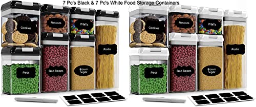 CINEYO Black & White Airtight Food Storage Containers - 7 Piece White Set & 7 Pieces Black Set For Cereal, Flour with Easy Lock Lids Include Labels and Marker