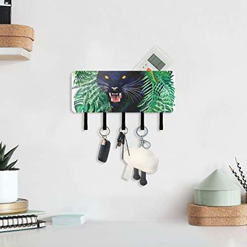 susiyo Black Panther Jungle Spirit Wall Mounted Mail Holder Key Holder with 5 Key Hooks and Mail Organizer for Wall Decor