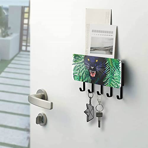 susiyo Black Panther Jungle Spirit Wall Mounted Mail Holder Key Holder with 5 Key Hooks and Mail Organizer for Wall Decor