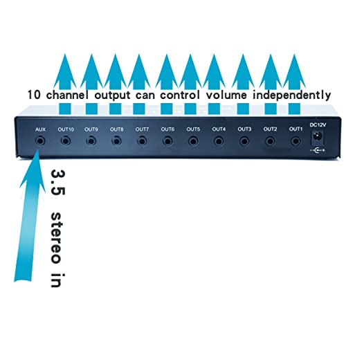 aux Mini Jack TRS 3.5 mm Input 1 in 10 Out Channel Headphone Amplifier Stereo Audio Amp with 12V 1A Power Adapter Distributor Headphone Splitter for Studio and Stage Black