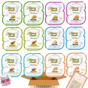fancy feast petites wet cat food variety pack (24 servings/12 pack/6 flavors) salmon, chicken, whitefish, tuna, salmon, grilled chicken with rice with larasbundle sticker