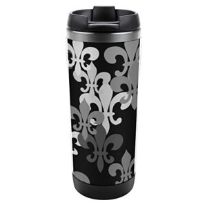seamless black grey fleur de lis flowers on black dark stainless steel water bottle, double walled with handle cup bottle 13 oz, leak-proof hot cold insulated travel mug