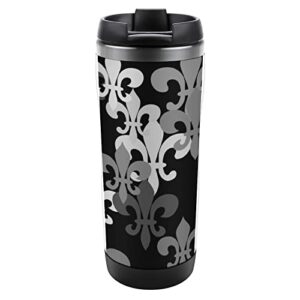 Seamless Black Grey Fleur De Lis Flowers on Black Dark Stainless Steel Water Bottle, Double Walled with Handle Cup Bottle 13 Oz, Leak-Proof Hot Cold Insulated Travel Mug