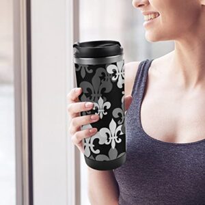 Seamless Black Grey Fleur De Lis Flowers on Black Dark Stainless Steel Water Bottle, Double Walled with Handle Cup Bottle 13 Oz, Leak-Proof Hot Cold Insulated Travel Mug