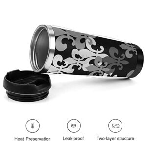 Seamless Black Grey Fleur De Lis Flowers on Black Dark Stainless Steel Water Bottle, Double Walled with Handle Cup Bottle 13 Oz, Leak-Proof Hot Cold Insulated Travel Mug