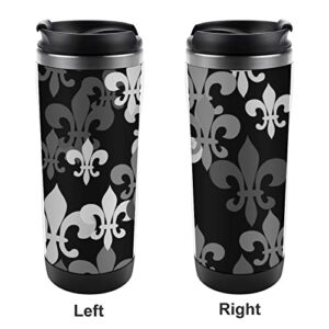 Seamless Black Grey Fleur De Lis Flowers on Black Dark Stainless Steel Water Bottle, Double Walled with Handle Cup Bottle 13 Oz, Leak-Proof Hot Cold Insulated Travel Mug