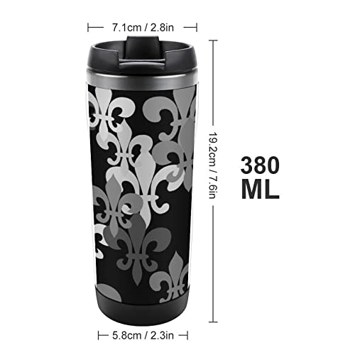 Seamless Black Grey Fleur De Lis Flowers on Black Dark Stainless Steel Water Bottle, Double Walled with Handle Cup Bottle 13 Oz, Leak-Proof Hot Cold Insulated Travel Mug