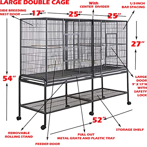 Large Double Birdhouse Breeder Bird Flight Cage with Center Divider Side Breeding Nest Doors Removable Rolling Stand (51" Length x 17" Depth x 54" Height, Black Vein)