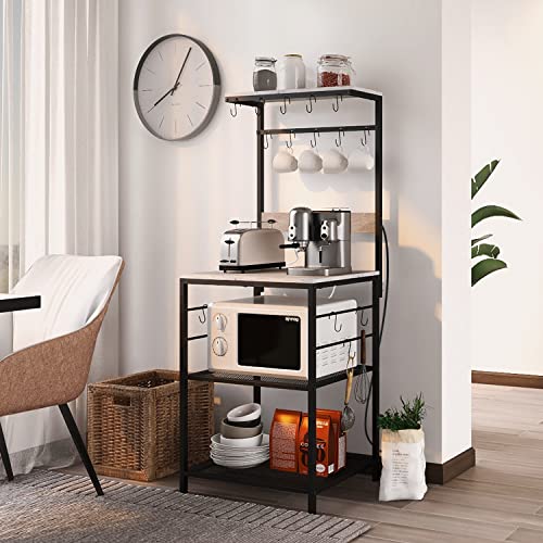 GiftGo Kitchen Bakers Rack with Power Outlet, Coffee Bar Table 4 Tiers, Kitchen Microwave Stand Multifunctional Kitchen Storage Shelf Rack for Spices, Pots and Pans (Grey)