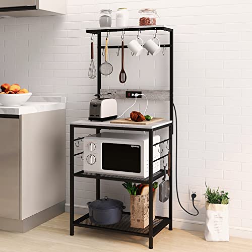 GiftGo Kitchen Bakers Rack with Power Outlet, Coffee Bar Table 4 Tiers, Kitchen Microwave Stand Multifunctional Kitchen Storage Shelf Rack for Spices, Pots and Pans (Grey)