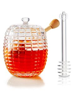 ahoo glass honey jar,dispenser honey pot containers with wooden dipper stick set and lid,storage honey holder bottle