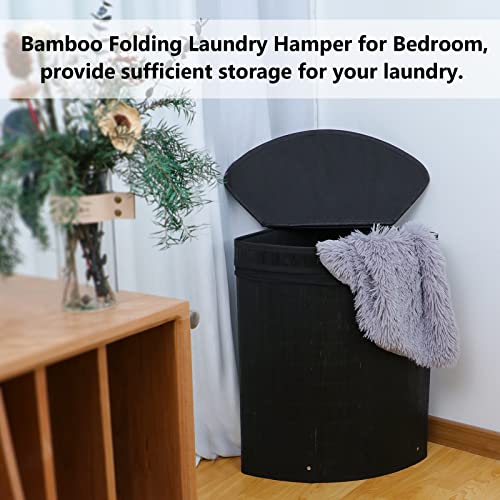 GERAMEXI 60L Bamboo Corner Laundry basket Hamper for dirty clothes stand freely (black)